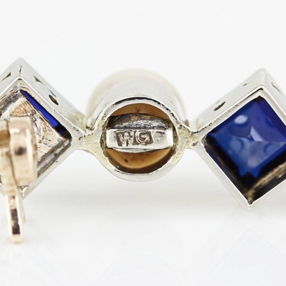 Vintage 13k White Gold Sapphire & Pearl Pin / Brooch - Picture 7 of 8